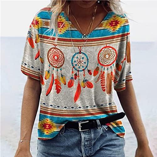 Tops astecas para mulheres 2023 Western vintage étnico de camiseta étnica verão plus size tamanhos de