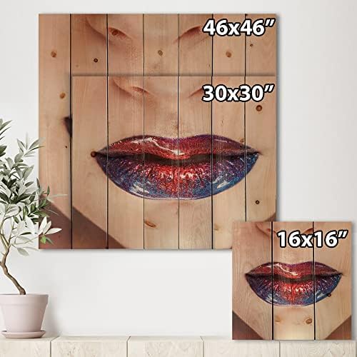 Designq Belas mulheres lábios com batom brilhante Decoração de parede de madeira moderna e contemporânea,