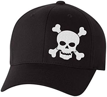 Crânio e ossos cruzados Black Flex Fit Hat, chapéu de beisebol preto com crânio