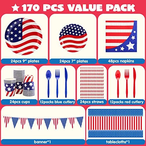 Joyin 170 PCS Supplimentos de festa patriótica, 4 de julho O conjunto de utensílios de mesa inclui