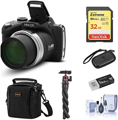 Câmera digital Minolta MN53Z 16MP FHD com zoom óptico 53x, Wi-Fi, pacote preto com bolsa de ombro, tripé de polvo,