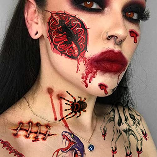 Ooopsiun Halloween Tattoos Tattoos Zombie Maquiagem - 12 folhas Horror de Halloween De ferimentos sangrentos