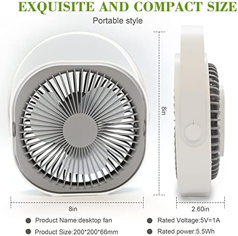 Novelh Box Fan USB 8 polegadas Fã de mesa portátil com 3 velocidades Ultra Quiet Mini Fãs pessoais de 4000mAh Bateria recarregável alimentada para o quarto de escritório em casa e viagens, branco, 20 × 20 × 6,6 cm