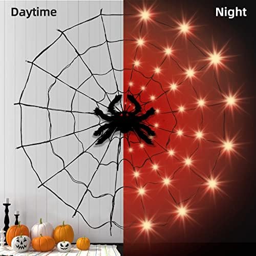 Luzes de Halloween, Luzes de Halloween de Halloween laranja Decoração de Web de 4 ft de diâmetro+80 LED+1 Big Black Spider+10 Pequenas aranhas+8 modos de iluminação, luzes de Halloween de bateria interna externa.