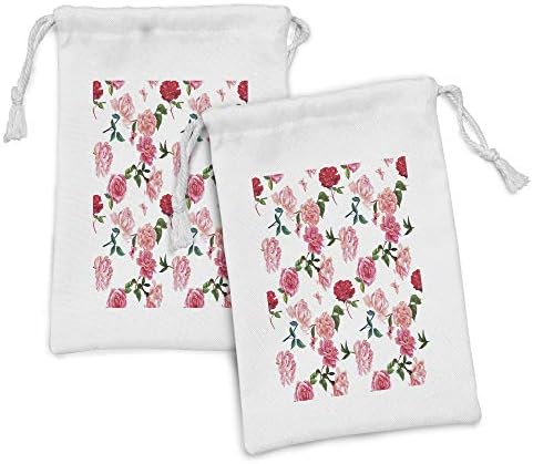 Conjunto de bolsas de tecido rosa empoeirado lunarable de 2, tema do jardim vitoriano floreio a aquarela de camélia fresca de camélio, pequeno saco de cordão para máscaras e favores de higiene pessoal, 9 x 6, vermelho rosa vermelho