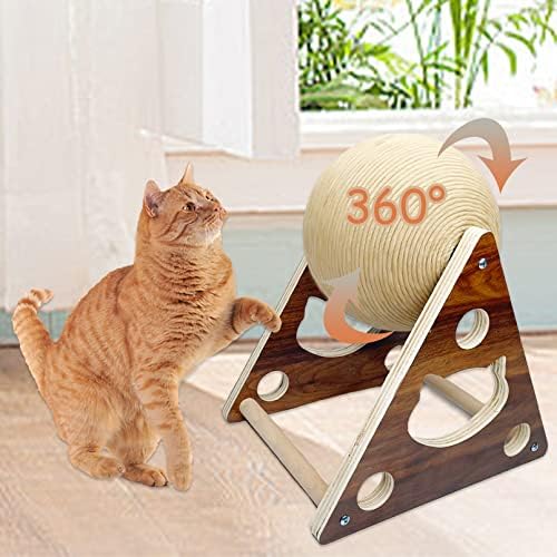 Fhiny Cat Scratcher Toy com sisal bola, gatos arranhando a corda bola interativa rotativa de madeira