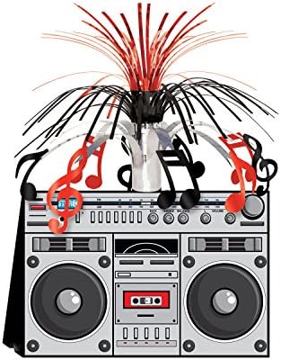 Beistle Decorações de Hip Hop dos anos 80 para a festa da velha escola dos anos 80 Retro Boom Box Centerpipe, 14 , Gray/Black/Red