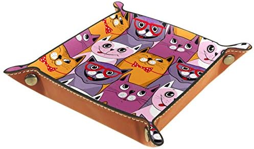 Dados de rolamento Decling Dice Games Bandejas de jóias quadradas de couro e relógio, chave, moeda, caixa de armazenamento de doces 14,5 cm/5,7 em gatos coloridos