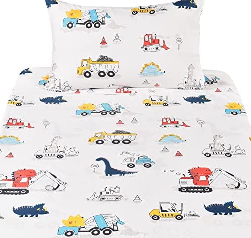 J-pinno Dinosaur Construction Trabalho Digger Cars Veículo Cute aconchegante Função de duas folhas de duas crianças para crianças crianças algodão lençóis + lençol + folha + conjunto de roupas de cama de travesseiros