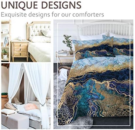Bless -Living Watercolor Marble Bed Consolador King Marinha Azul e Gold Foil Set Set Modern Quilt Sets