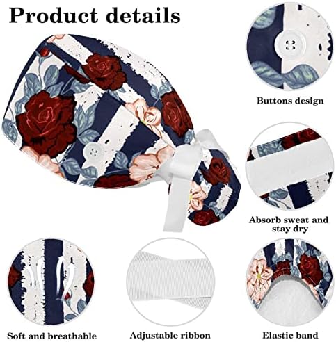 Flores em tampa branca e azul Banta de trabalho com botões, chapéu de esfoliante de cabelo comprido com