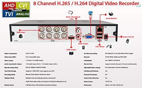 Evertech 8 canal H.265 DVR com 1 TB de disco rígido HD TVI AHD CVI Analog Digital Video Video Recorder