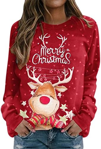 Camisolas vermelhas de Natal para mulheres fofas de rena de impressão de renandes de manga longa de manga longa plus size molhas de inverno