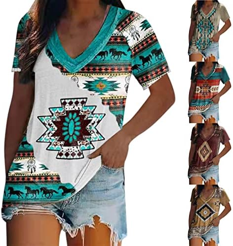 Padrão de estilo étnico ocidental de UBST Padrão impressa V Nech Camisetas Senhoras Camisetas de manga curta Tampes blusas de blusa Jumpers