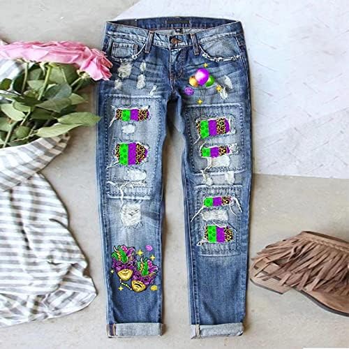 Patch de girassol feminino Cintura alta rasgada angustiada jeans skinny jeans Impressão floral