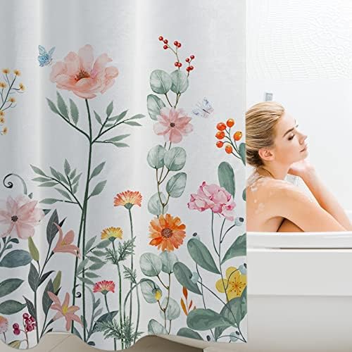 Cortana de chuveiro boho para banheiro, cortina de chuveiro floral floral, cortina de chuveiro