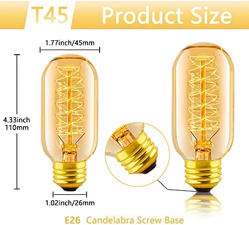 Sevici T45 Edison Bulb 40W, lâmpada retrô diminuído de 6 pacotes, 110V-130V, E26/E27 Base Base Bulbo