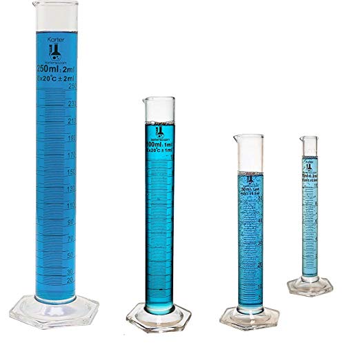 Conjunto de cilindros graduados em vidro, vidro borossilicato, escala métrica única, 4 tamanhos - 10ml, 50ml,