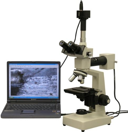 AmScope ME300TZA-2L-M Digital Episcopic and Diascopic Trinocular Metallurgical Microscope, WF10x and WF16x Eyepieces, 40X-1600X Magnification, Halogen Illumination with Rheostat, Double-Layer Mechanical Stage, Sliding Head, High-Resolution Optics, Includes 1.3MP Camera with Reduction Lens e software