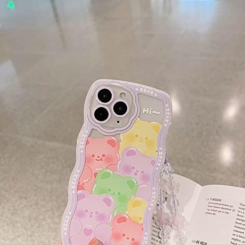Nititop Compatível para iPhone 11 Pro Max Case, Cute Clear Cartoon Bear Animal com Flower Badyd Pedra Strap para