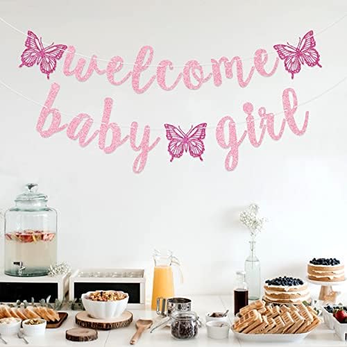 Bem -vindo Banner de menina, banner de menina de borboleta, decorações de chá de bebê, glitter rosa