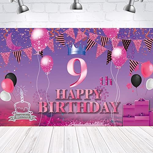 Feliz 9º aniversário Banner Pink Purple 9th placar Poster 9 de festas de aniversário FESTIVOS PARA ANIVERSÁRIO