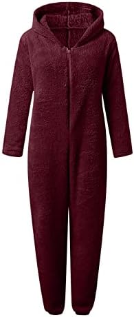 Pijama de tamanho grande para mulheres de lã artificial de manga longa PJS zíper sólido Rompe solado com capuz