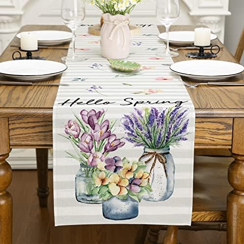 Siilues Spring Table Runner, Hello Spring Table Decorações de lavanda Runner para mesa de férias sazonal de primavera para decorações de mesa de jantar externo internas