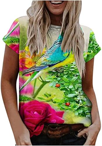 Mangas curtas de verão feminina camisetas florais floral hummingbird pullover tee tops meninas casuais