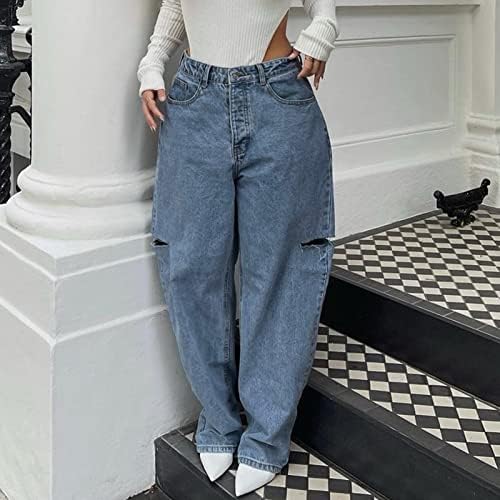 Jeans largos de perna larga, jeans com cintura alta angustiada para mulheres jeans Button Button Front