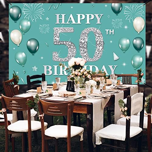 Banner de pano de fundo de decoração de 50º aniversário, teal prata feliz 50º aniversário decorações para mulheres, turquesa de 50 anos de festa de aniversário