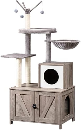Torre da árvore de gatos hoobro com gabinete de caixa de areia para gatos internos, condomínio de gato de madeira com postes de arranhões, móveis de areia de gato escondidos, brinquedos all-in-one com casa de gato, Greige BG15MZ03