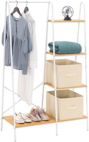 Rack de roupas YouDenova com prateleiras, rack de roupas para pendurar roupas, rack de armário pesado com prateleiras de madeira de 4 camadas, rack de vestuário branco