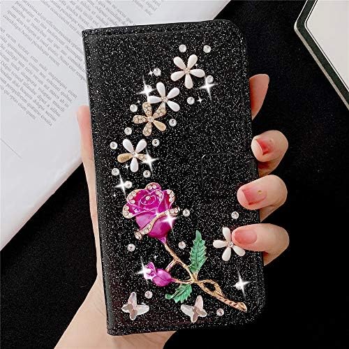 Caixa da carteira XYX para o Samsung Galaxy A52 5G, [3D Flor de rosa] Bling Glitter PU Caso de couro capa para mulheres meninas, preto