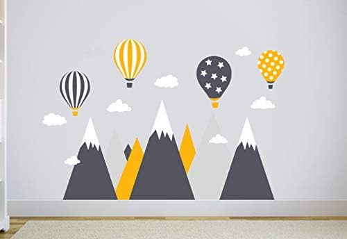 Adesivos de parede decoração montanhas montanhas de balões de ar quente decalque de parede, adesivo de decalque de parede de meninos, nuvens de parede, balões da sala de berçário da sala