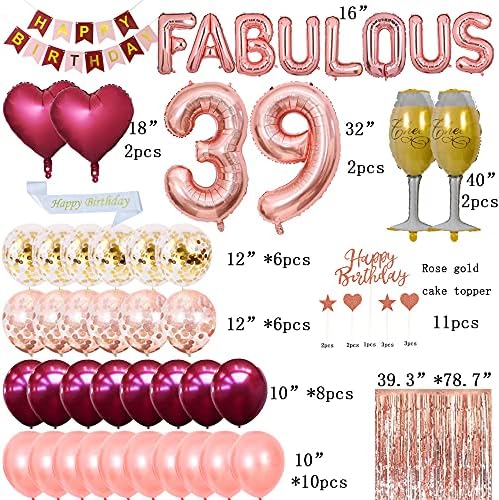 Fancy 39th Birthday Decorations Supplies for Girls And Women Borgonha e Pink Feliz Aniversário Banner Banco de Sash Capotela Topper Latex Confete